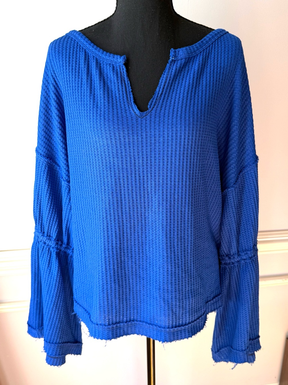 Free People We The Free Blue Waffle Knit Oversized Bell Sleeve Thermal Top M